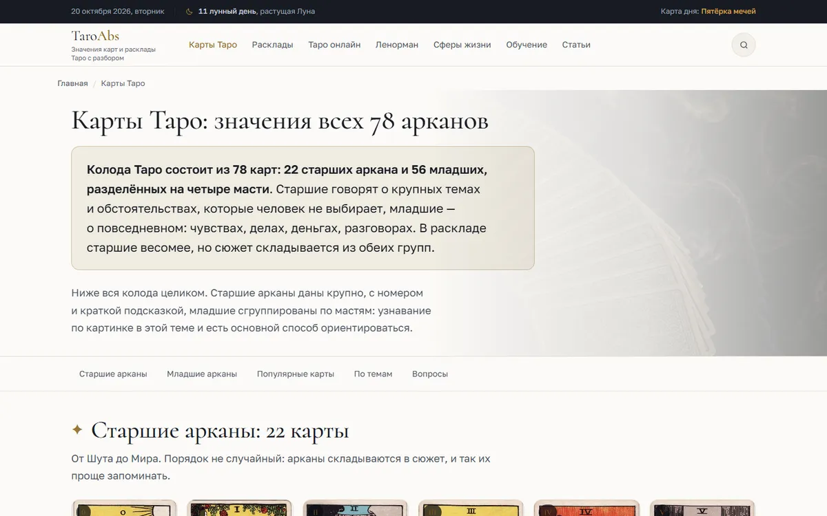 Каталог карт Таро на портале taroabs.ru — ниша: таро